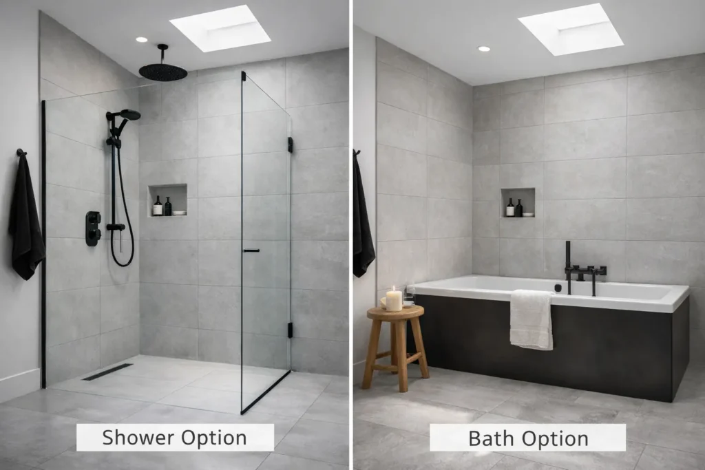 shower and bath option in uk bathroom